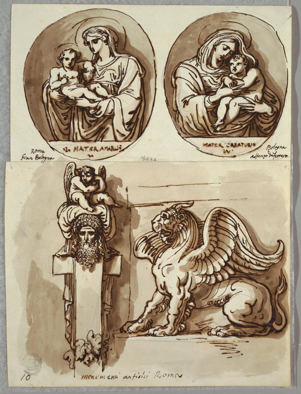Dois Desenhos da Madona e do Menino em Ovais, Estudos após Giambologna e Alfonzo da Ferrero; Herm e Quimera, após Antique de Felice Giani