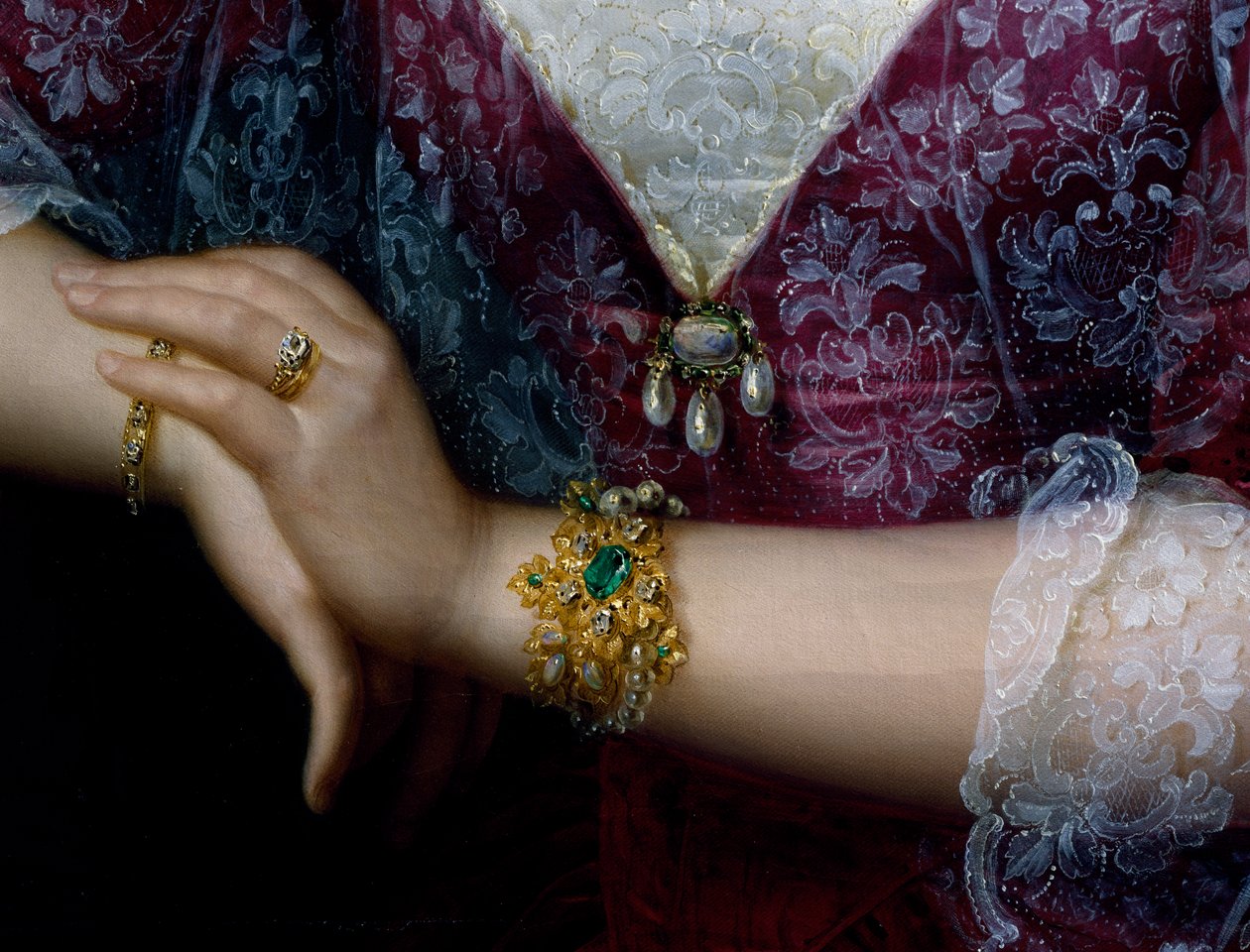 Retrato de Anna Opulich, detalhe de pingente e bracelete de Felice Schiavoni