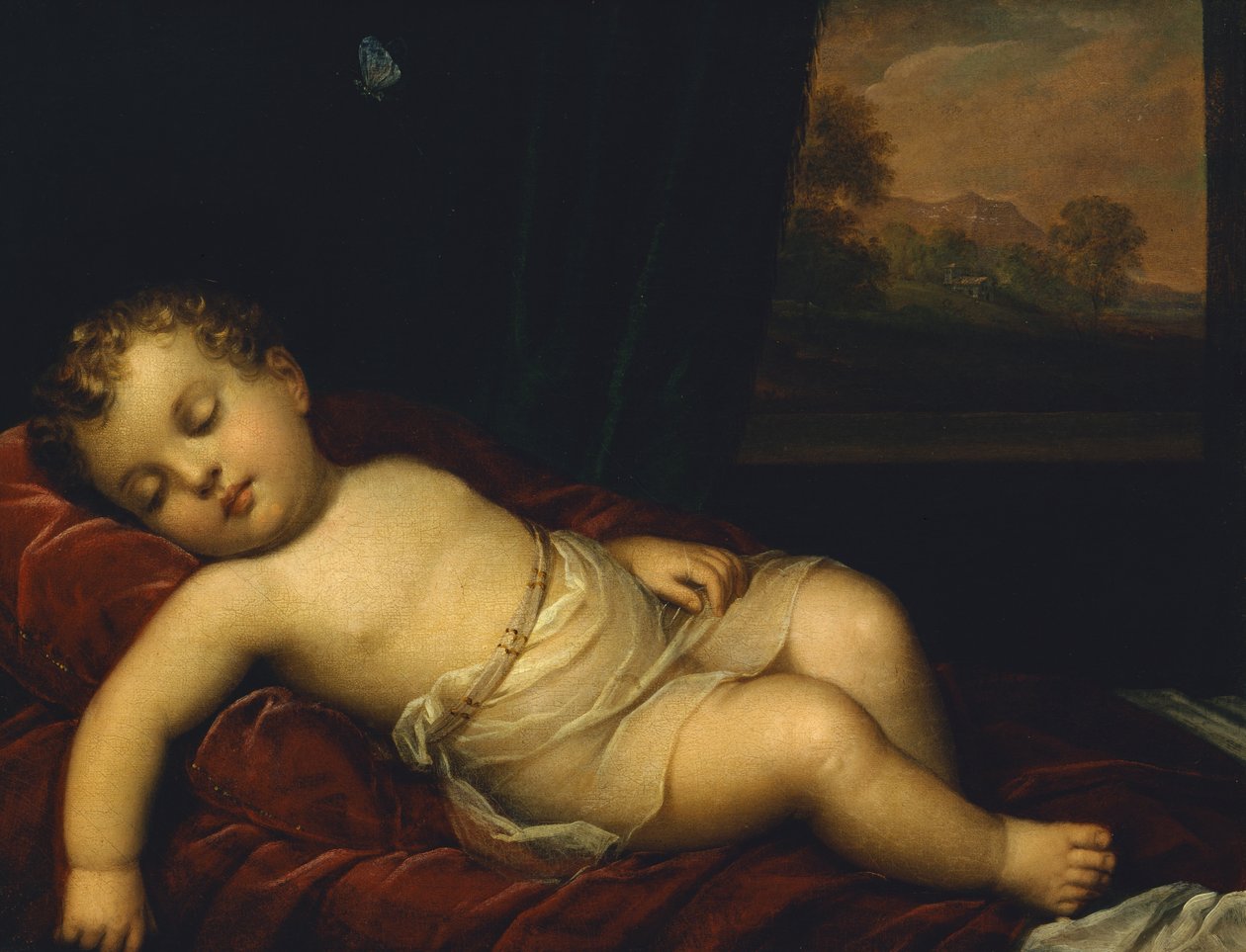 Criança a dormir (óleo sobre tela) de Felice Schiavoni