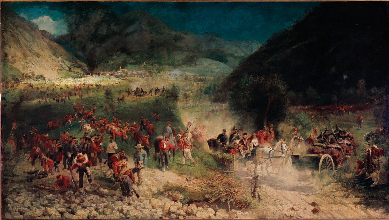 Terceira Guerra da Independência Italiana: "a Batalha de Bezzecca" Em 21/07/1866 opôs-se ao corpo dos caçadores de Giuseppe Garibaldi contra o exército austríaco. Pintura de Felice Zennaro (1833-1926) Milão, Museu do Risorgimento de Felice Zennaro