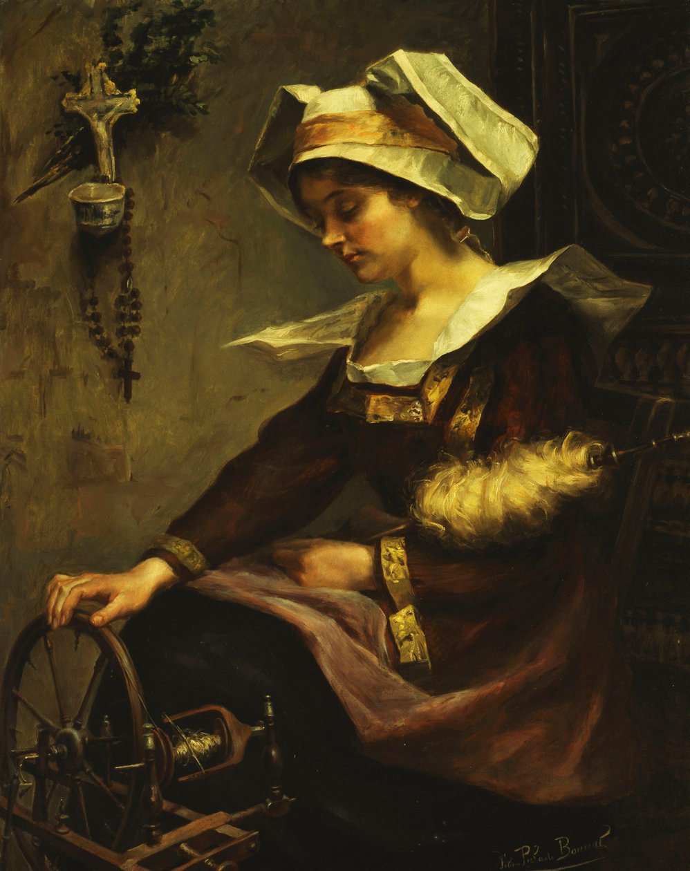 Jovem Mulher Bretoniana e Fuso; Jeune Bretonne au Rouet (óleo sobre tela) de Felicie Palade Bonnal
