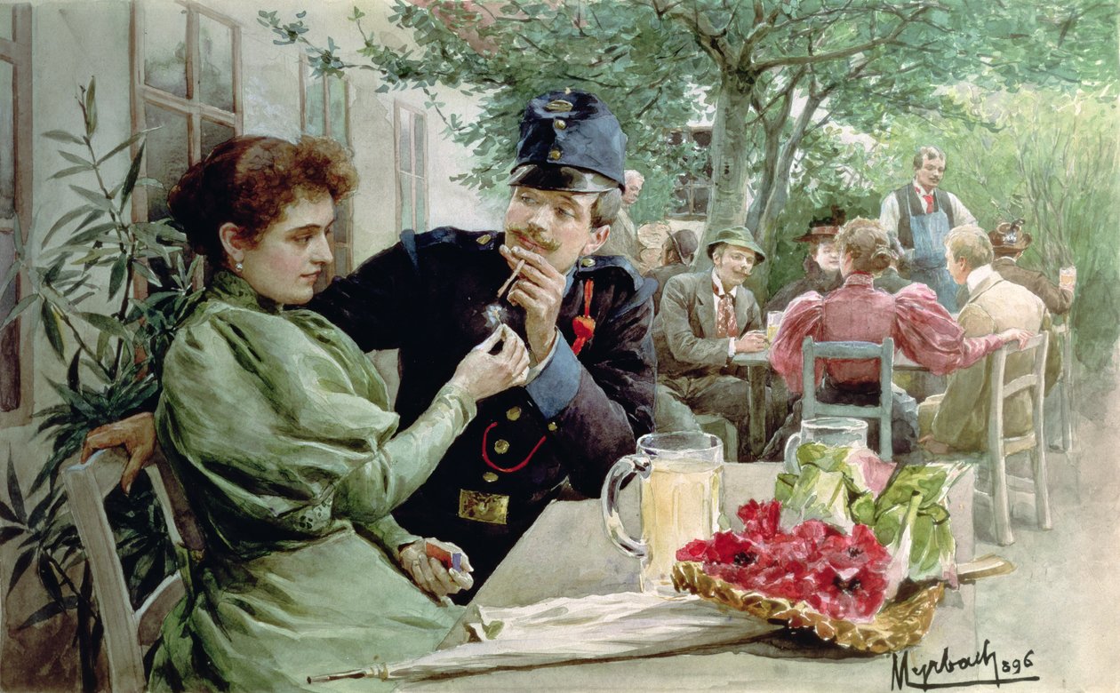 Soldado e uma rapariga bebendo vinho novo, 1896 de Felicien baron de Myrbach Rheinfeld