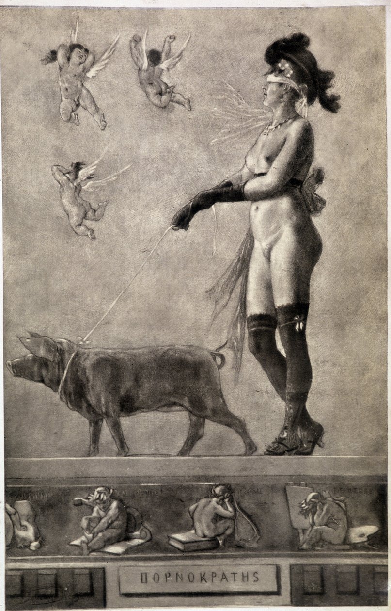 Pornokrates (Mulher nua, tiras de olhos, rodeada de anjos e segurando um porco numa trela) - desenho de Felicien Rops (1833-1898) de Félicien Rops