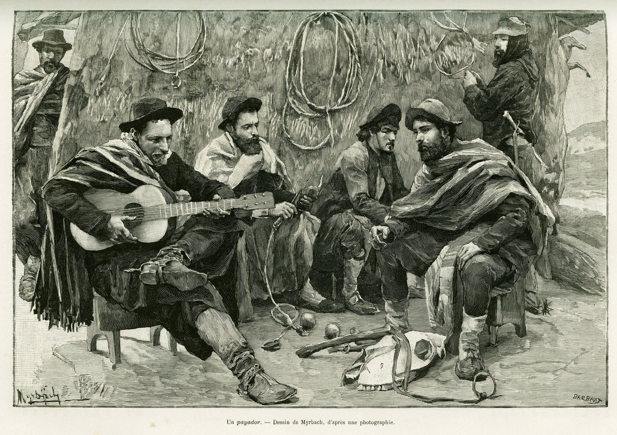 Um pagador, duelo em verso de cantores ambulantes. Gravura de Myrbach, para ilustrar a história Voyage a la Plata, em 1886, de Emile Daireaux, em le tour du monde 1888, dirigido por Edouard Charton (1807-1890), Hachette, Paris. de Felicien baron de Myrbach Rheinfeld