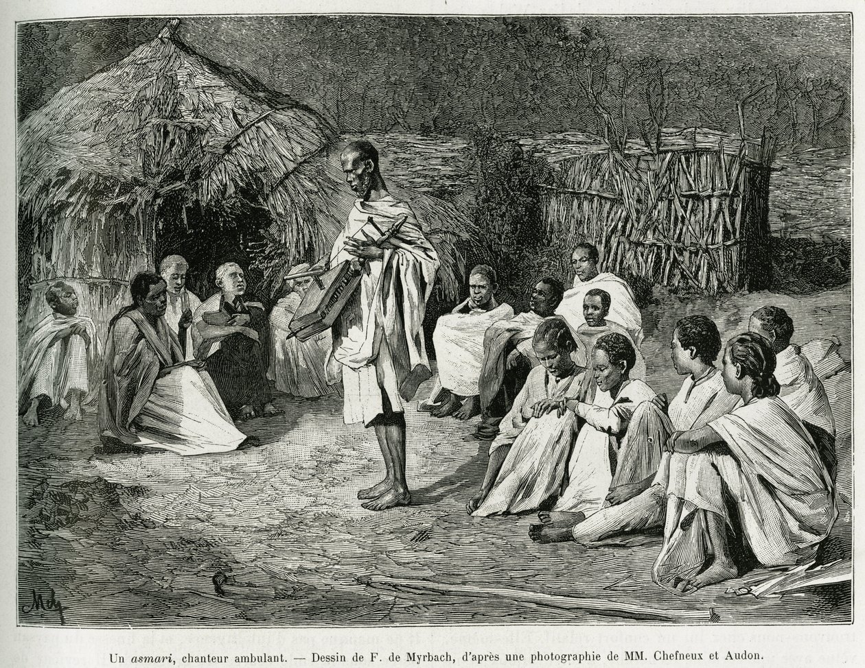 Um asmari, um cantor ambulante. Gravura de F.De Myrbach, após fotografia, para ilustrar a história Voyage au Choa (Abyssinie meridionale), em 1884-1888, de Henry Audon, em le tour du monde 1889, dirigido por Edouard Charton (1807-1890), Hachette, Paris. de Felicien baron de Myrbach Rheinfeld