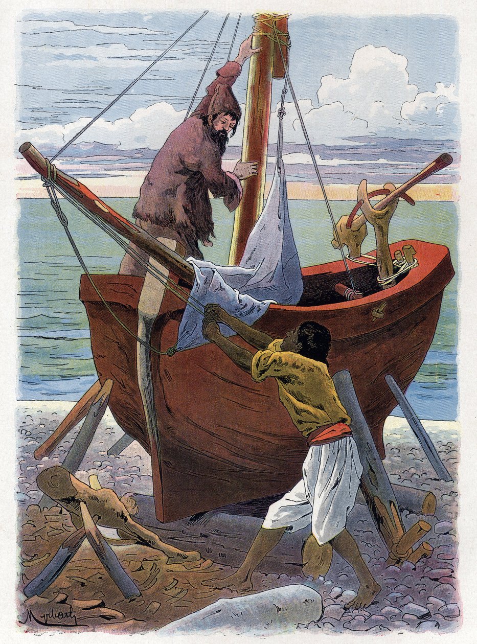 Robinson Crusoe e Friday estão a construir um barco. de Felicien baron de Myrbach Rheinfeld