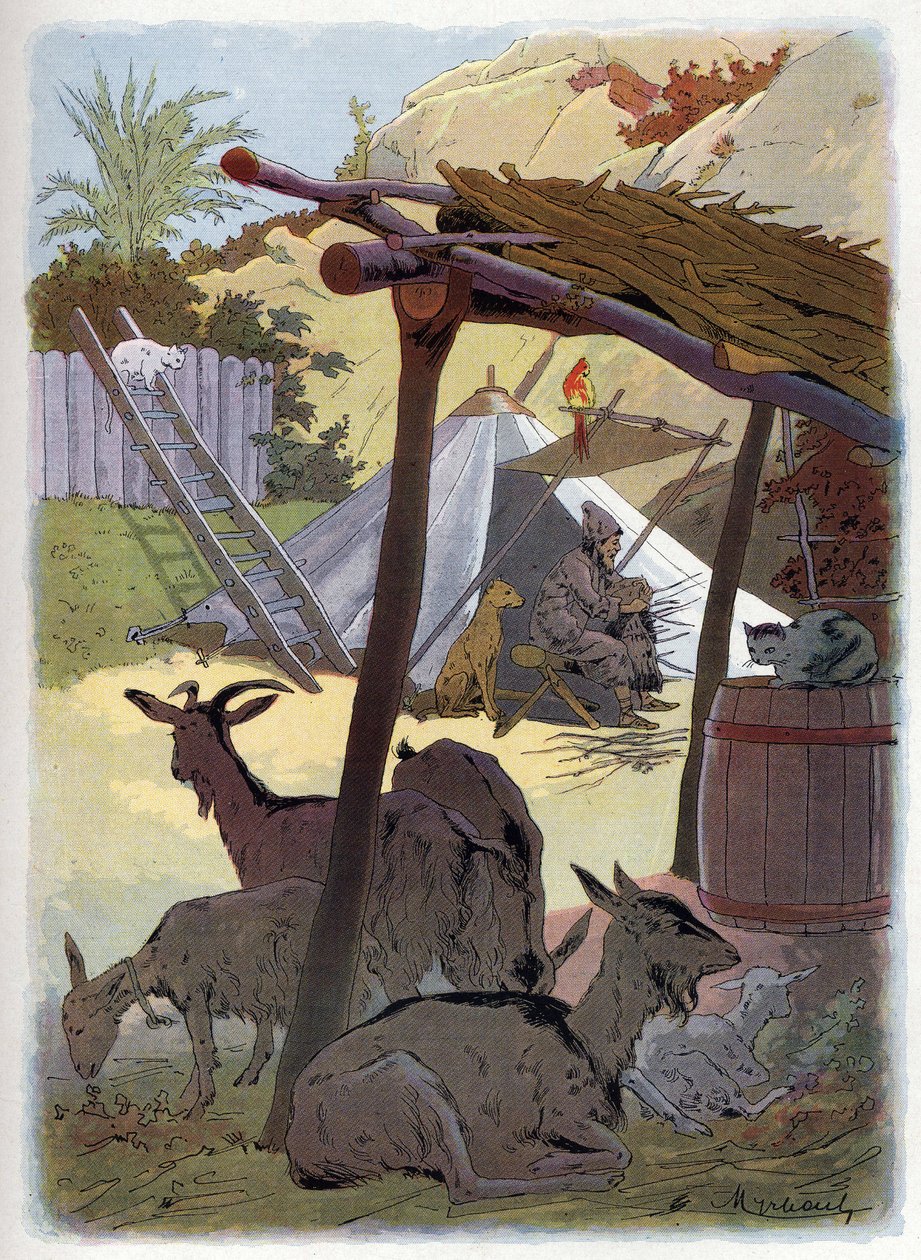 Robinson Crusoe em casa com os seus animais. de Felicien baron de Myrbach Rheinfeld