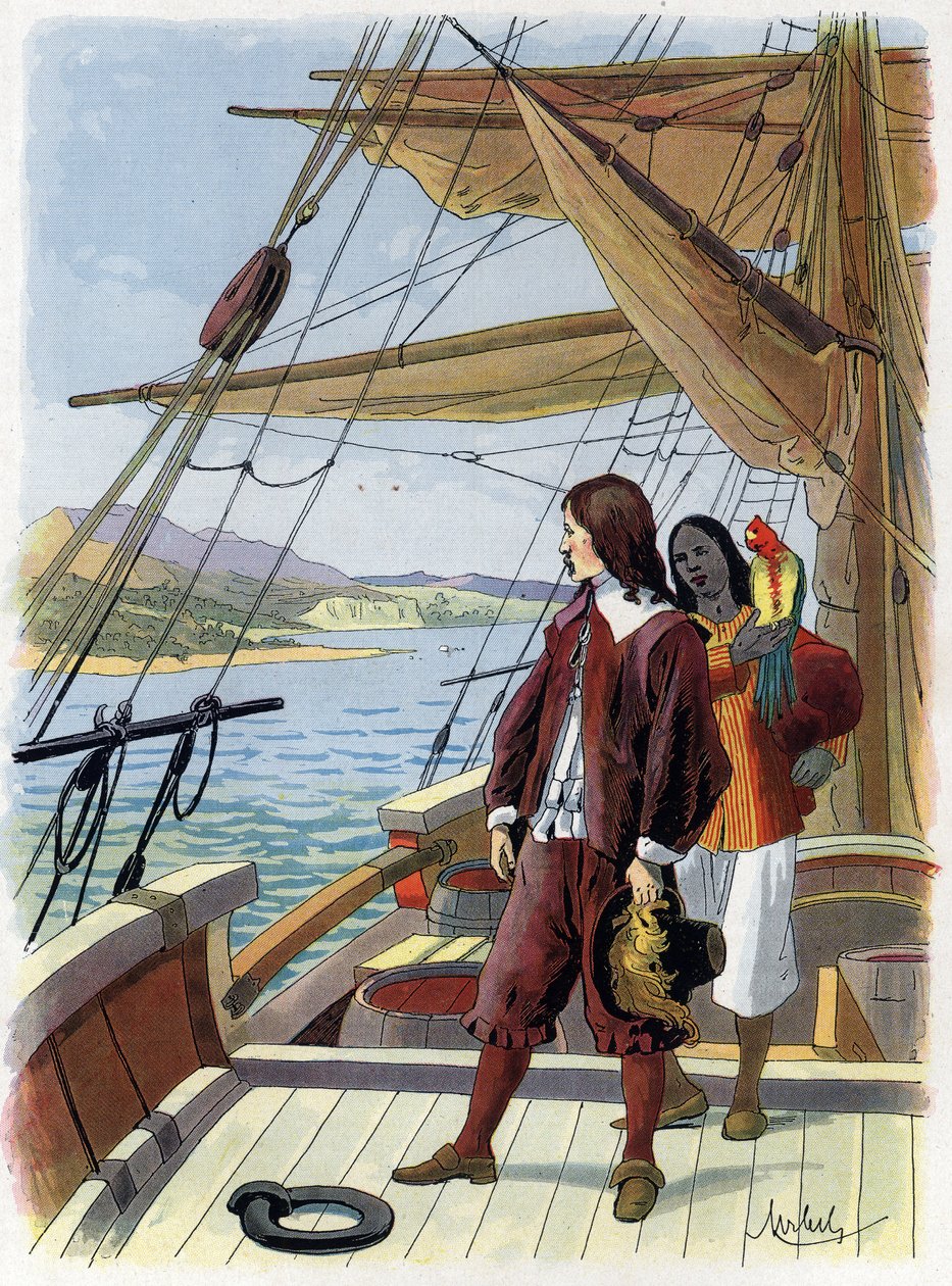 Robinson Crusoé deixa sua ilha - Ilustração de Feliciano MYRBACH MYRBACH RHEINFELD (1853-1940) Para o Livro de Daniel Defoe (De foe) Robinson Crusoé. Sem data. Por volta de 1934 de Felicien baron de Myrbach Rheinfeld