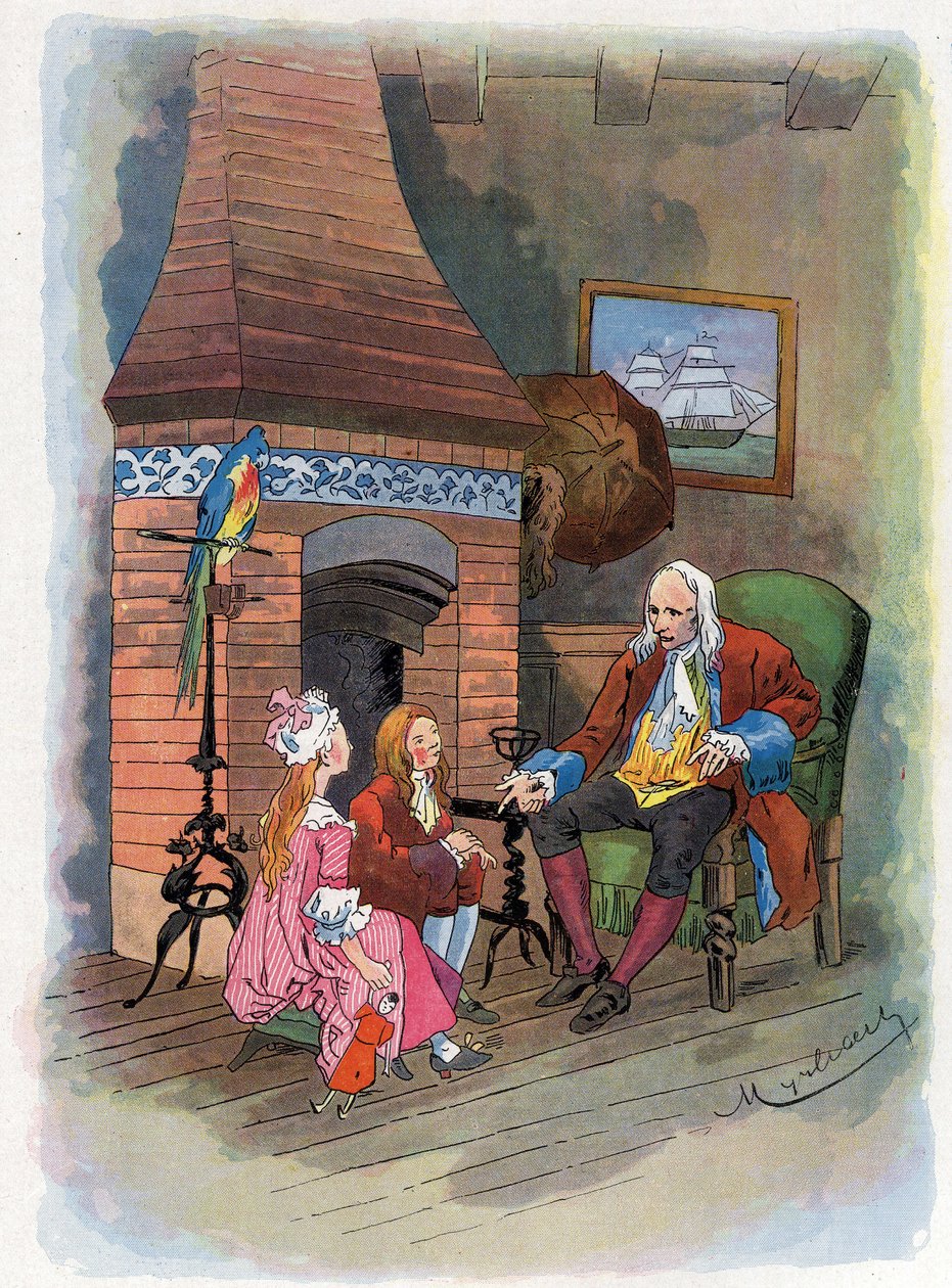 Robinson Crusoe conta aos seus filhos as suas aventuras. Ilustração de Feliciano MYRBACH MYRBACH RHEINFELD (1853-1940) Para o Livro de Daniel Defoe (De foe) Robinson Crusoé. Sem data. Por volta de 1934 de Felicien baron de Myrbach Rheinfeld