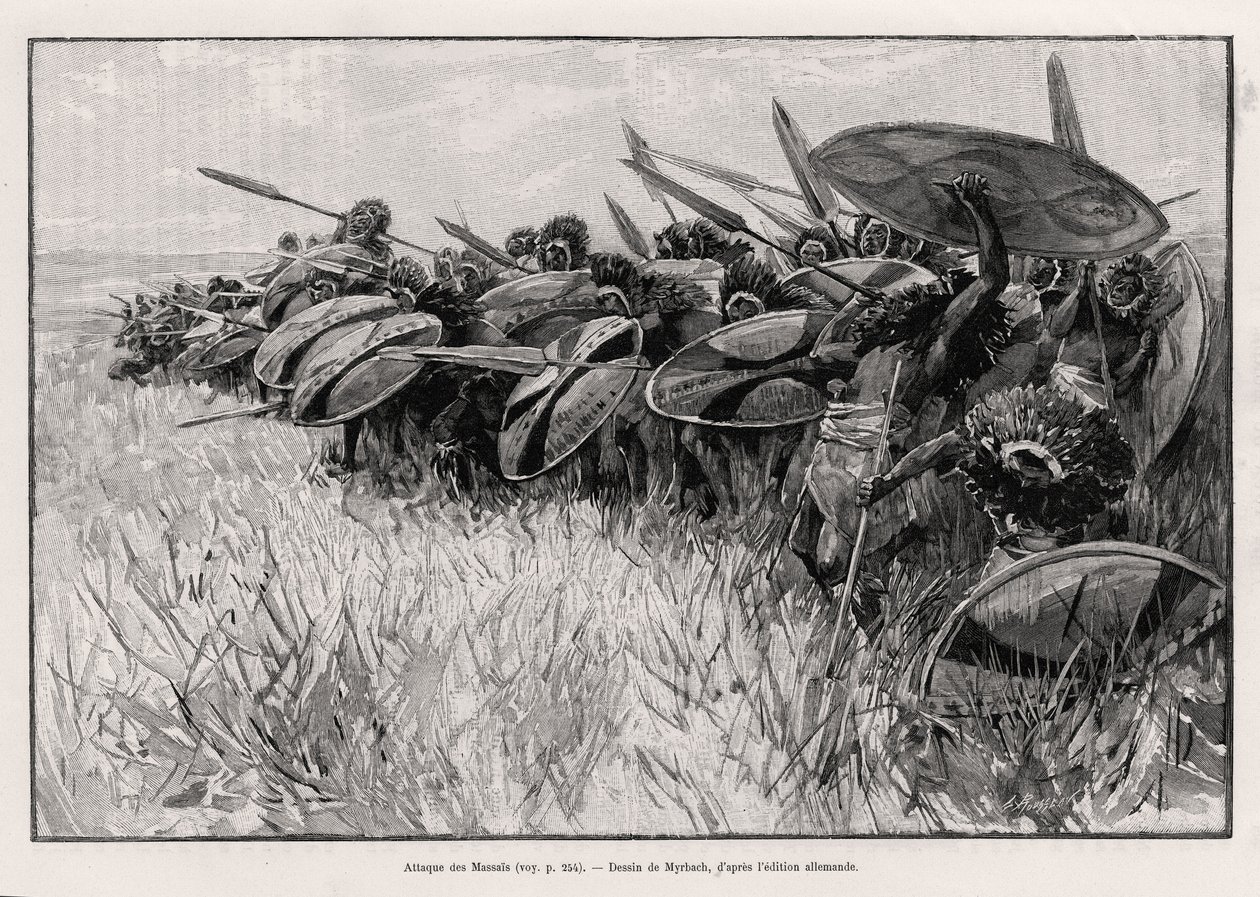 O ataque Massais. Gravado por Myrbach para ilustrar a história "Au secours d