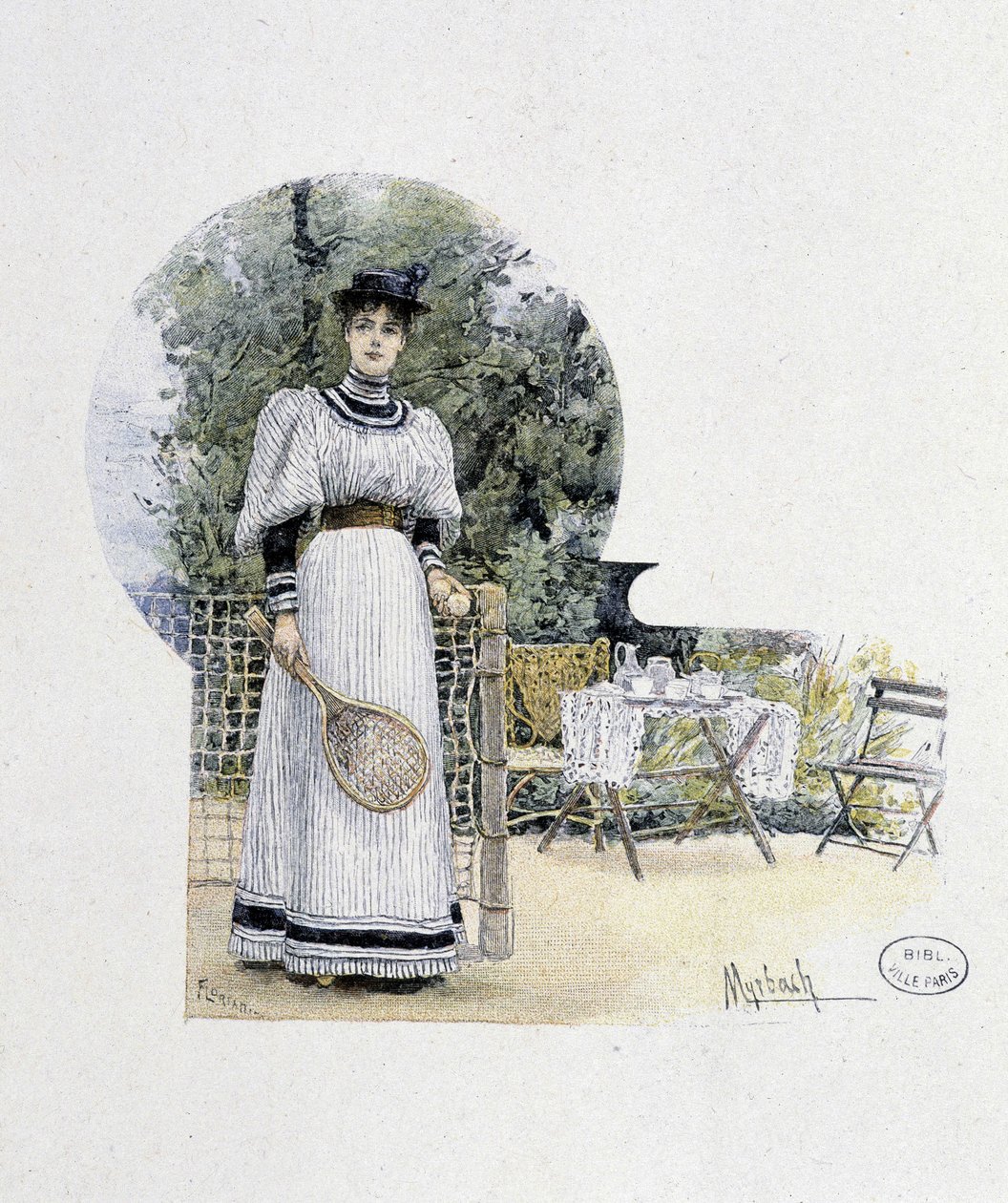 Jovem mulher num campo de ténis - gravura, final do século XIX de Felicien baron de Myrbach Rheinfeld
