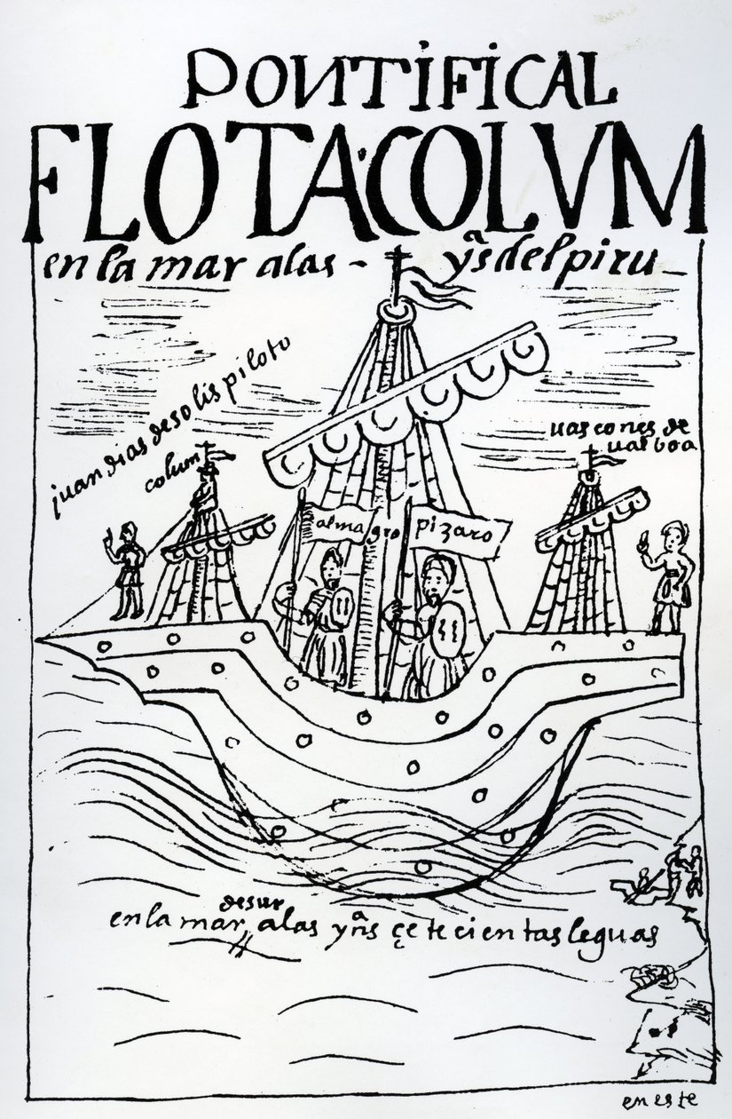 Navio de Cristóvão Colombo navegando para o Peru de Felipe Huaman Poma de Ayala