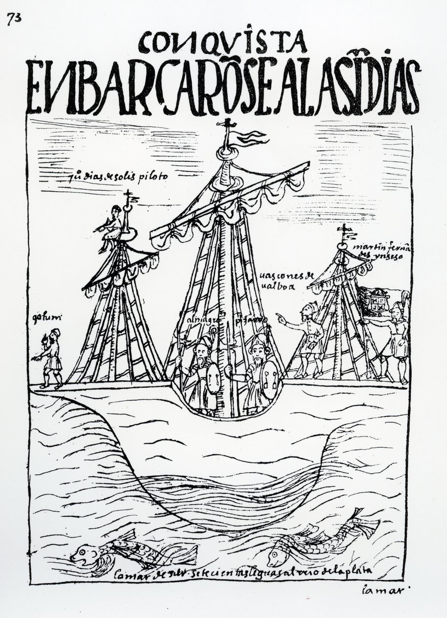 A viagem para o Novo Mundo feita por Cristovão Colombo, Juan Díaz de Solis, Diego de Almagro, Francisco Pizarro, Vasco Nunez de Balboa e Martin Fernández de Enciso de Felipe Huaman Poma de Ayala