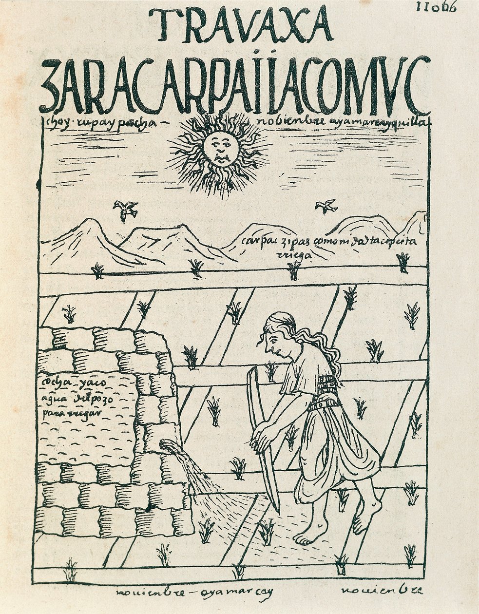 Um camponês irrigando seu campo em novembro (Desenho a tinta de Felipe Huaman Poma de Ayala