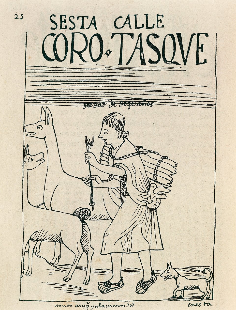 Um jovem a pastorear lhamas e a apanhar madeira (Desenho a tinta de Felipe Huaman Poma de Ayala