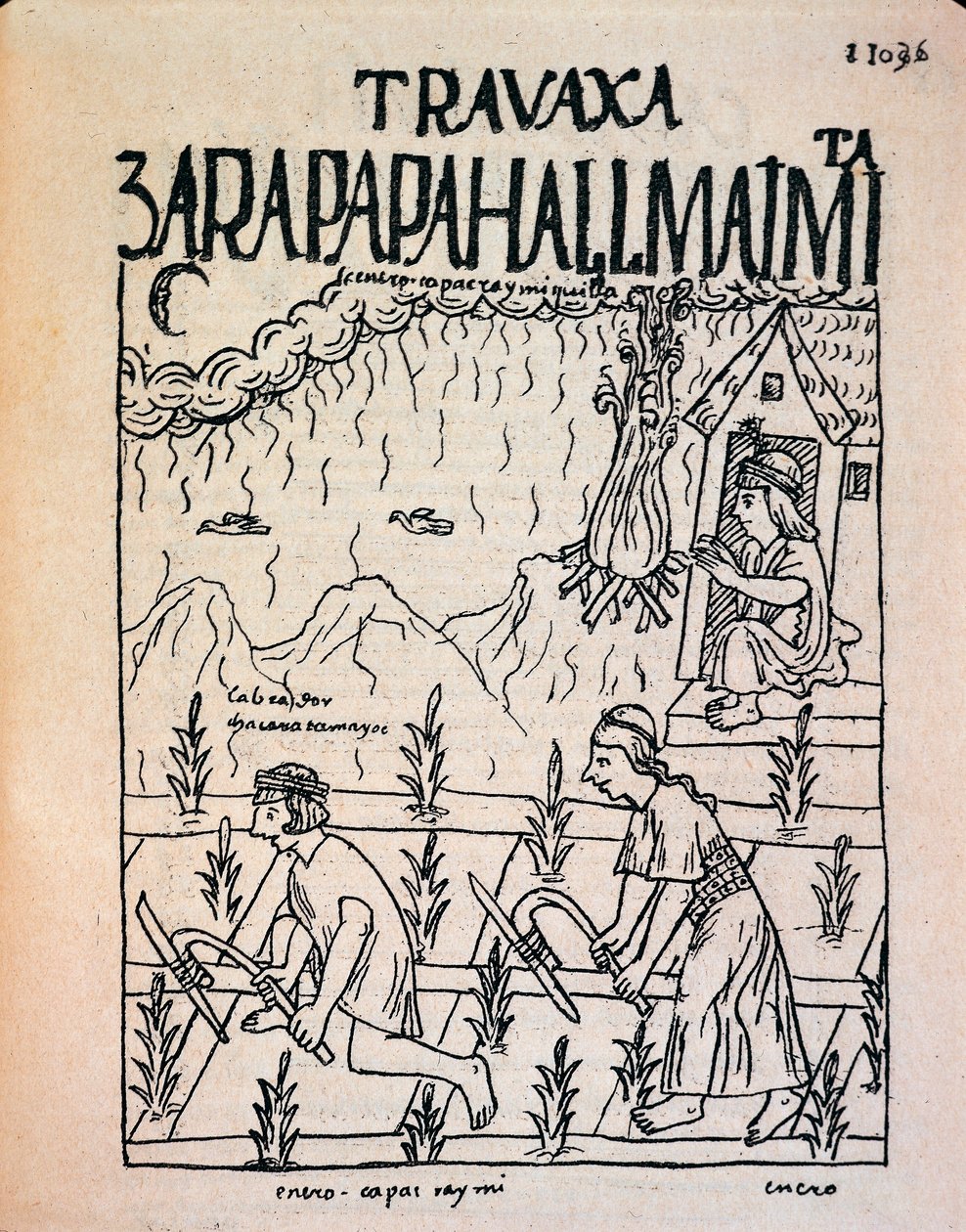 Um casal Inca Hatun Runa trabalhando nos campos em janeiro (Desenho de tinta de Felipe Huaman Poma de Ayala