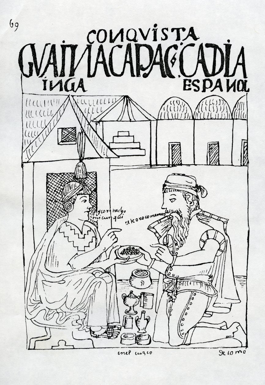 Um Inca pergunta a um espanhol o que ele come, ele responde &39;Gold&39; (xilogravura) de Felipe Huaman Poma de Ayala
