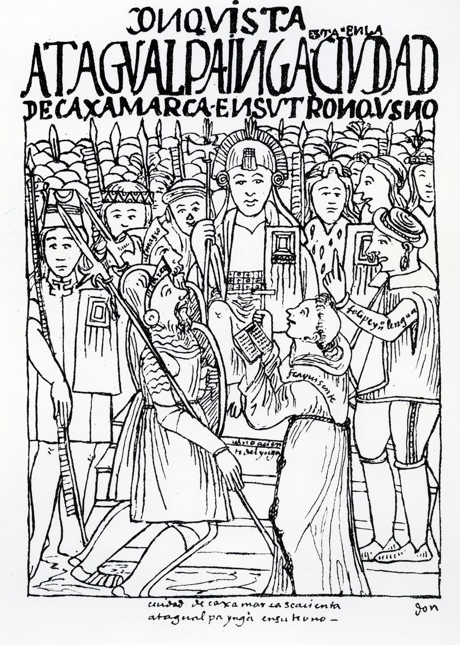 Diego de Almagro, Francisco Pizarro e Frei Vicente de Valverde ajoelhado diante de Atahualpa Inca em Cajamarca de Felipe Huaman Poma de Ayala