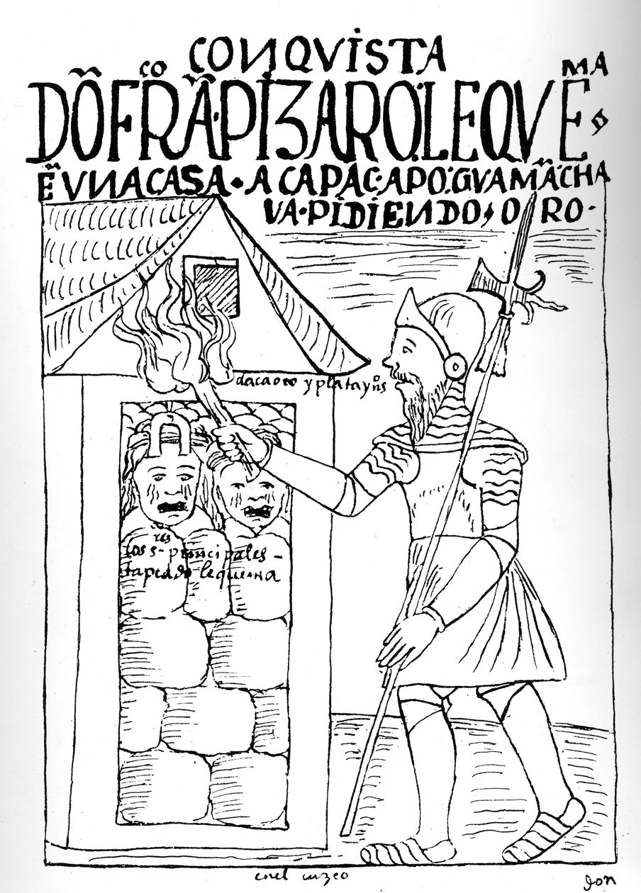 Dom Francisco Pizarro ateando fogo à casa do avô de Poma de Ayala de Felipe Huaman Poma de Ayala