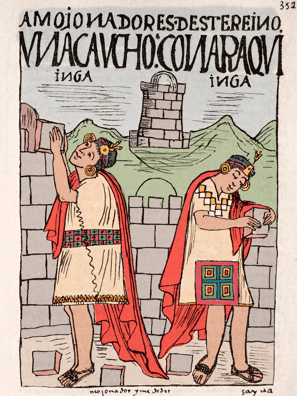 Império Inca: sótãos de edifícios incas, edifícios públicos e religiosos - Desenho de tinta do manuscrito "Nueva coronica y buen gobierno" de Don Felipe Puma de Ayala ilustrando a vida dos incas, cerca de 1587 Lima, Museo Nacional de Antropologia, Arqueo de Felipe Huaman Poma de Ayala
