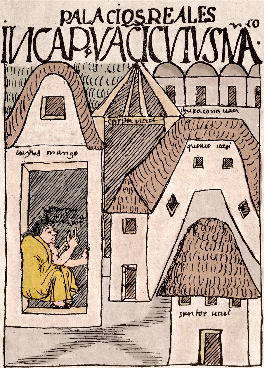 Império Inca: Templos e Palácios em Cuzco, Peru - Desenho com tinta do manuscrito "Nueva coronica y buen gobierno" de Don Felipe Puma de Ayala ilustrando a vida dos Incas, cerca de 1587 Lima, Museo Nacional de Antropologia, Arqueologia e Historia de de Felipe Huaman Poma de Ayala