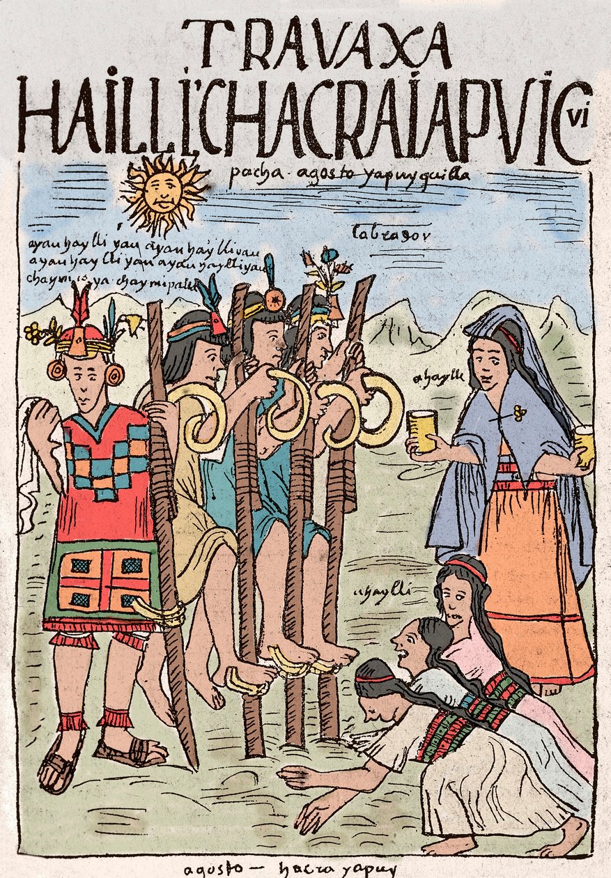 Império Inca: o início dos trabalhos de campo em agosto, ocasião de uma grande festa popular da qual participaram também os nobres - Desenho de tinta do manuscrito "Nueva coronica y buen gobierno" de Don Felipe Puma de Ayala ilustrando a vida do de Felipe Huaman Poma de Ayala