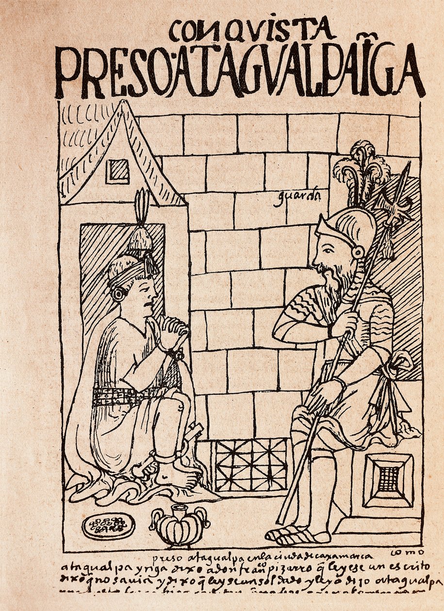 Imperador Inca Atahualpa, prisioneiro dos Conquistadores em Cajamarca (Desenho a tinta de Felipe Huaman Poma de Ayala