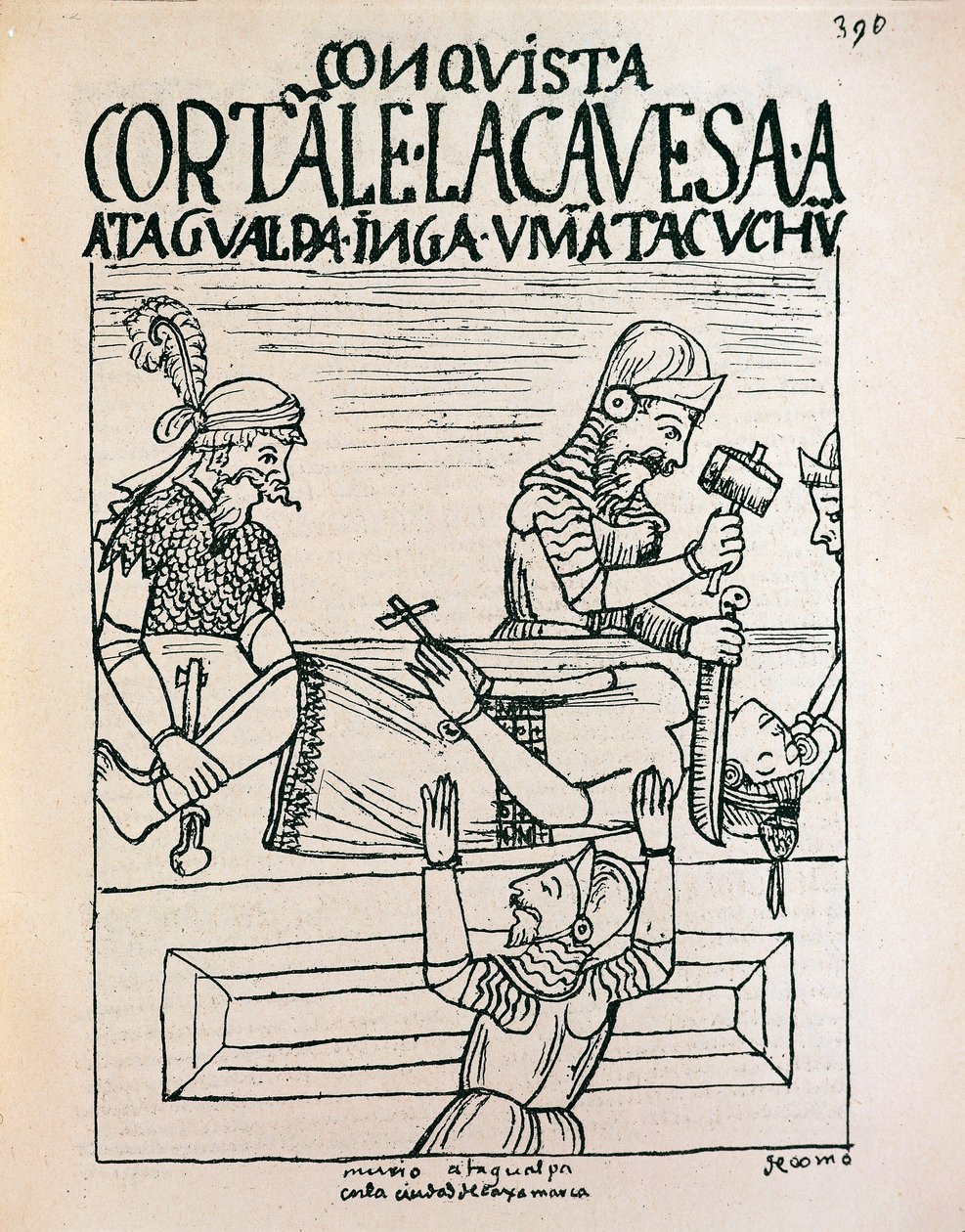 Inca enperor Atahualpa executado por espanhóis em Cajamarca, 28 de julho de 1533 (Desenho em tinta de Felipe Huaman Poma de Ayala
