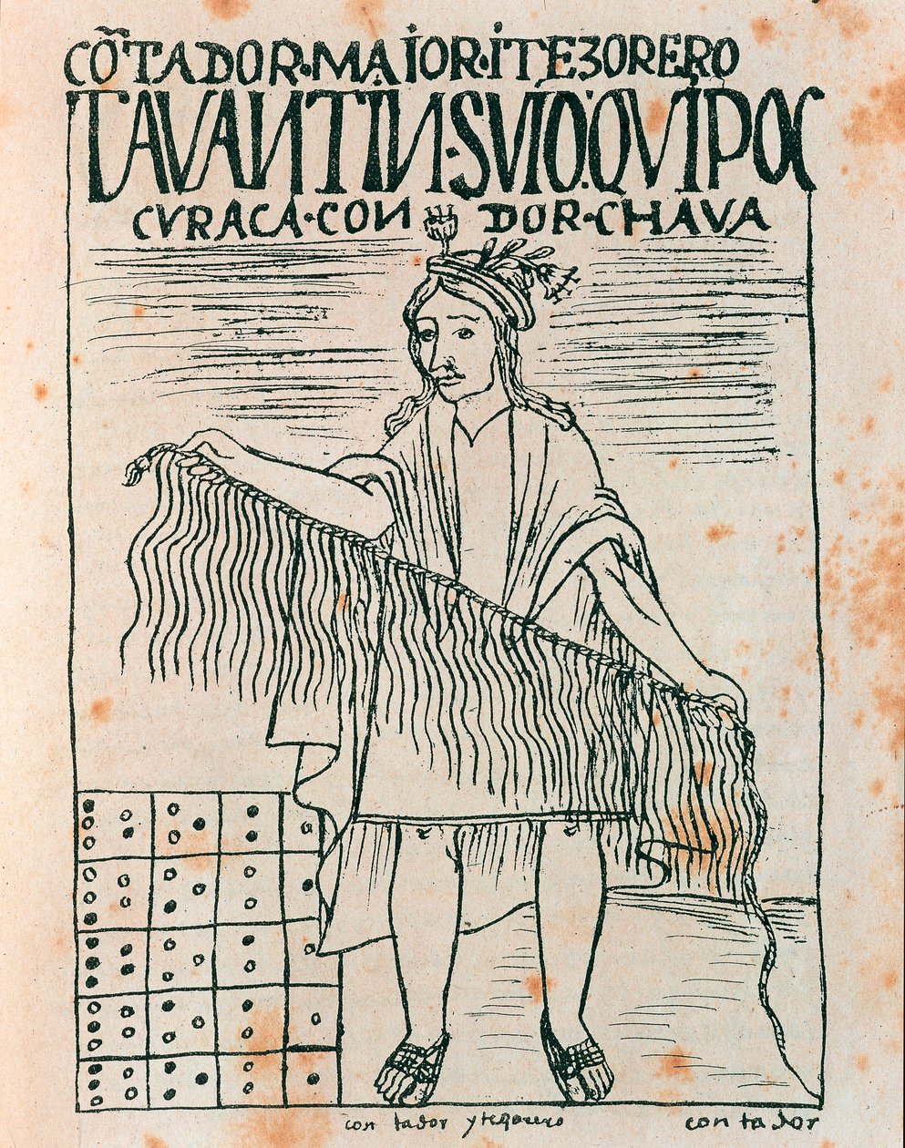 Inca homem segurando um quipu: sistema de contabilidade usando cordas e nós (Desenho a tinta de Felipe Huaman Poma de Ayala