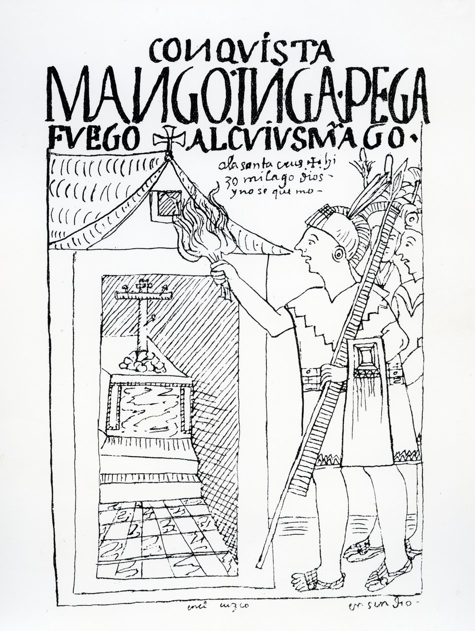 Manco Inca tenta queimar o palácio Inca de Cuyus Mango, que havia sido convertido para o culto cristão, mas Deus intervém (xilogravura) de Felipe Huaman Poma de Ayala