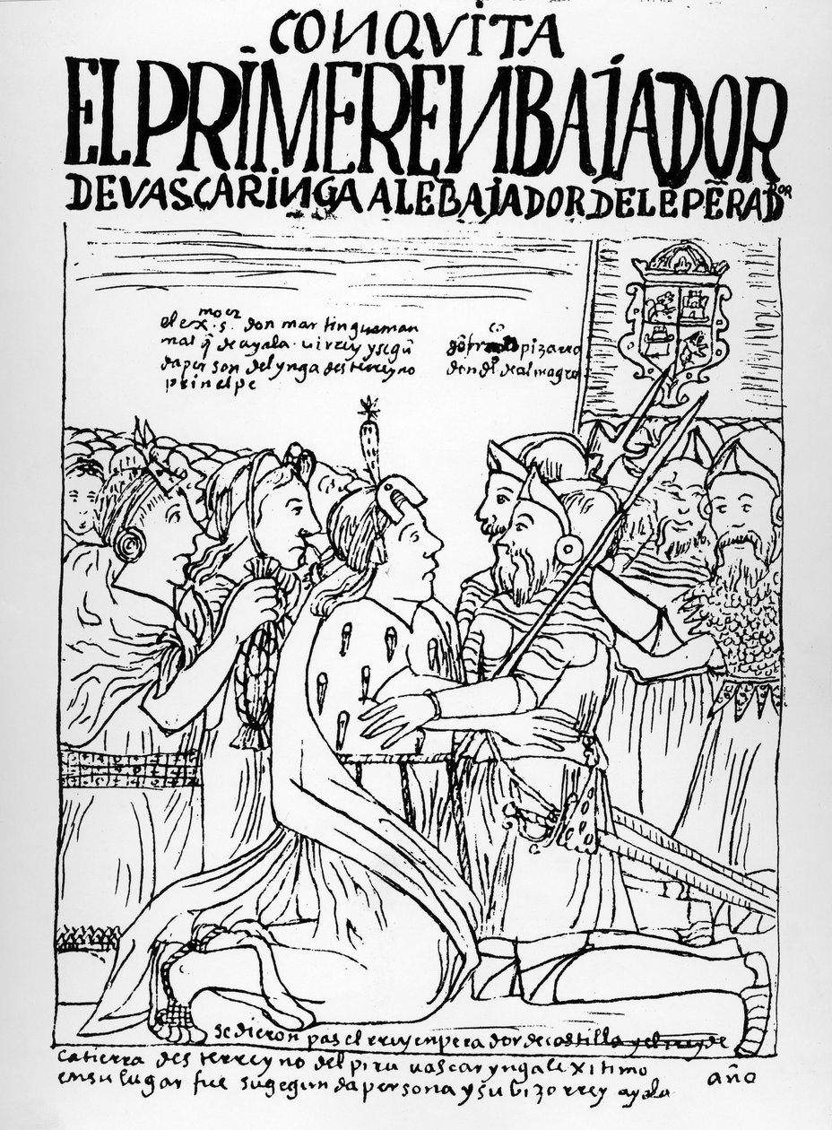 Martin de Ayala cumprimenta Francisco Pizarro e Diego de Almagro de Felipe Huaman Poma de Ayala