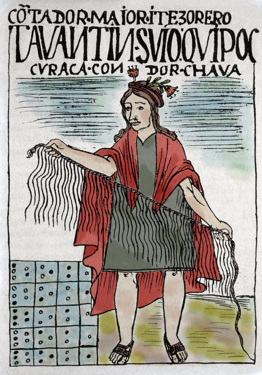 Quipu (Quipo Quipou) Sistema de contabilidade inca em corda e nós, cultura inca 1400-1532 d.C., manuscrito de Felipe Guaman Puma de Ayala (Nueva Coronica y buen Gobierno), colunista indiano do século XVI. de Felipe Huaman Poma de Ayala