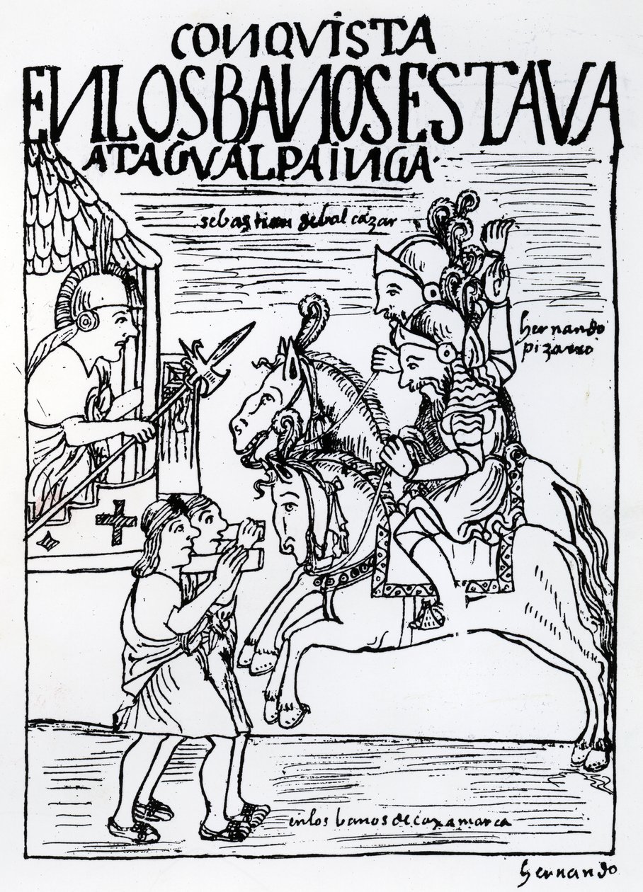 Sebastian de Benalcazar e Hernando Pizarro enfrentam Atahualpa Inca no Royal Baths em Cajamarca (xilogravura) de Felipe Huaman Poma de Ayala