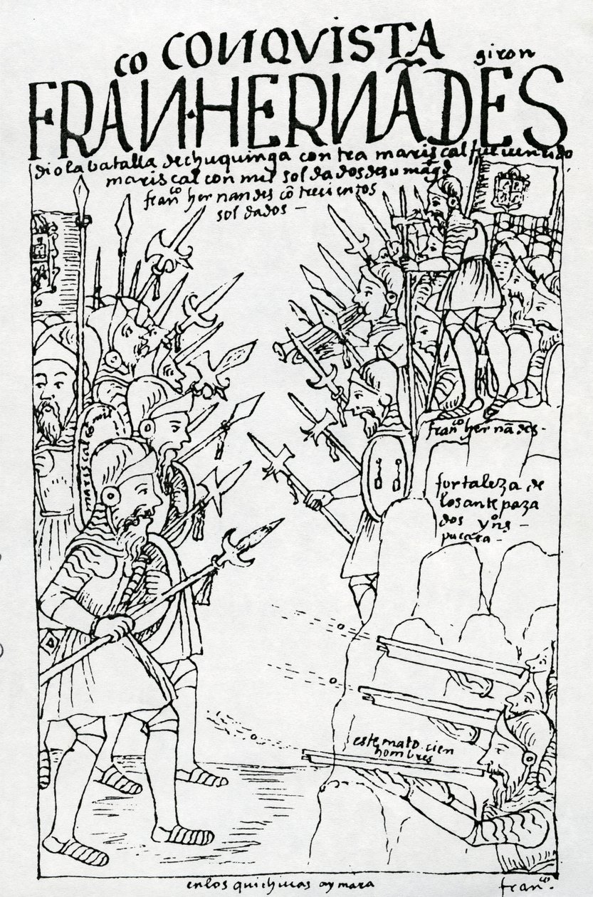 As Forças Rebeldes de Francisco Hernández Giron derrotam os homens do Rei na Batalha de Chuquinga de Felipe Huaman Poma de Ayala