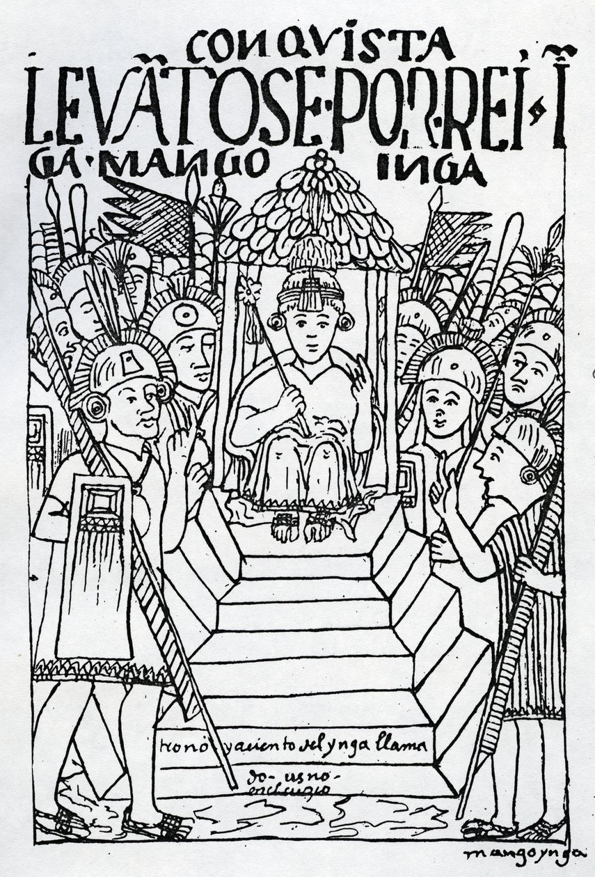 O recém-coroado Manco Inca no trono de Cuzco (xilogravura) de Felipe Huaman Poma de Ayala