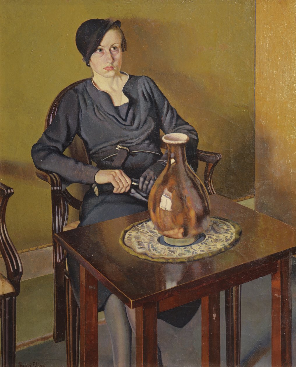 Mulher com um vaso, c.1929 (óleo sobre tela) de Feliu Elias Bracons