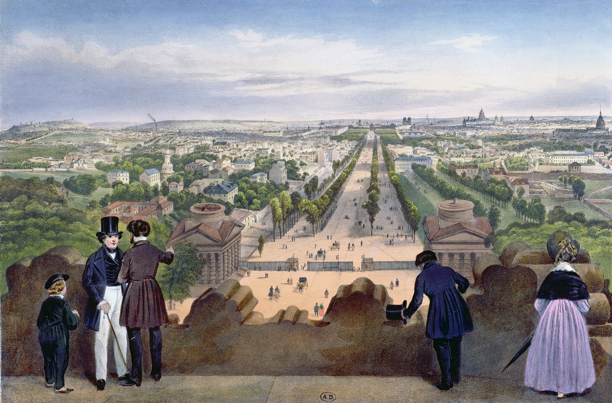 Vista geral dos Champs-Elysees, tirada do topo do Arco do Triunfo, ilustração de "Passeios em Paris e seus arredores", c.1840 de Felix Benoist