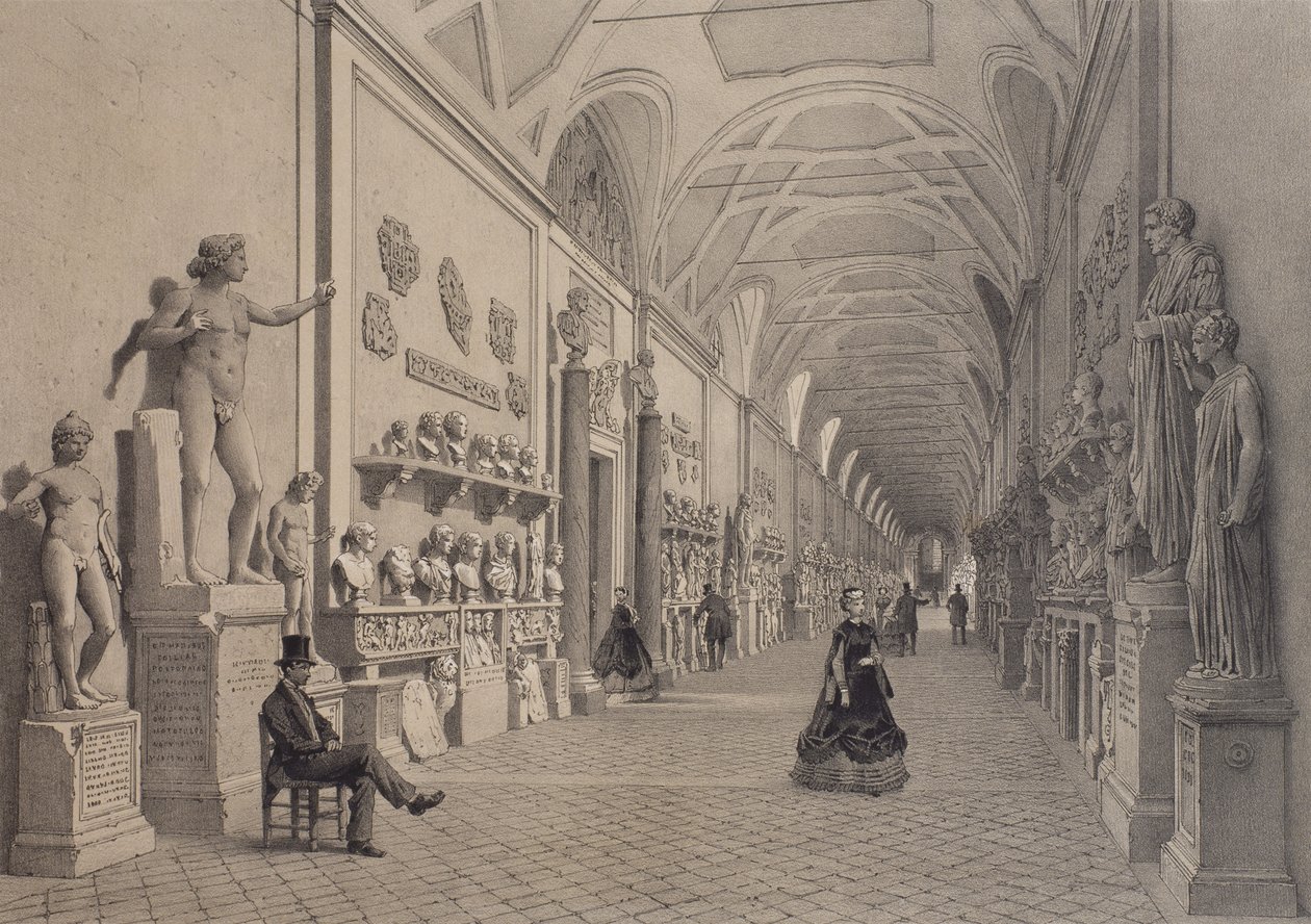 Museus do Vaticano, Galeria Chiaramonti e a entrada da Galeria Braccio Nuovo, Roma, ilustração do álbum &39;Roma dans sa grandeza&39;, gravada por Philippe Benoist (n.1813) 1870 de Felix Benoist