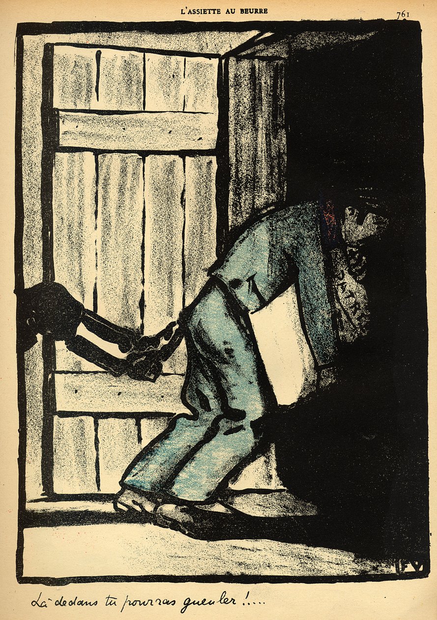 Um homem pego colocando cartazes políticos é jogado na prisão, de &39;Crimes e Punições&39;, edição especial de &39;L&39;Assiette au Beurre&39;, 1 de março de 1902 de Felix Edouard Vallotton