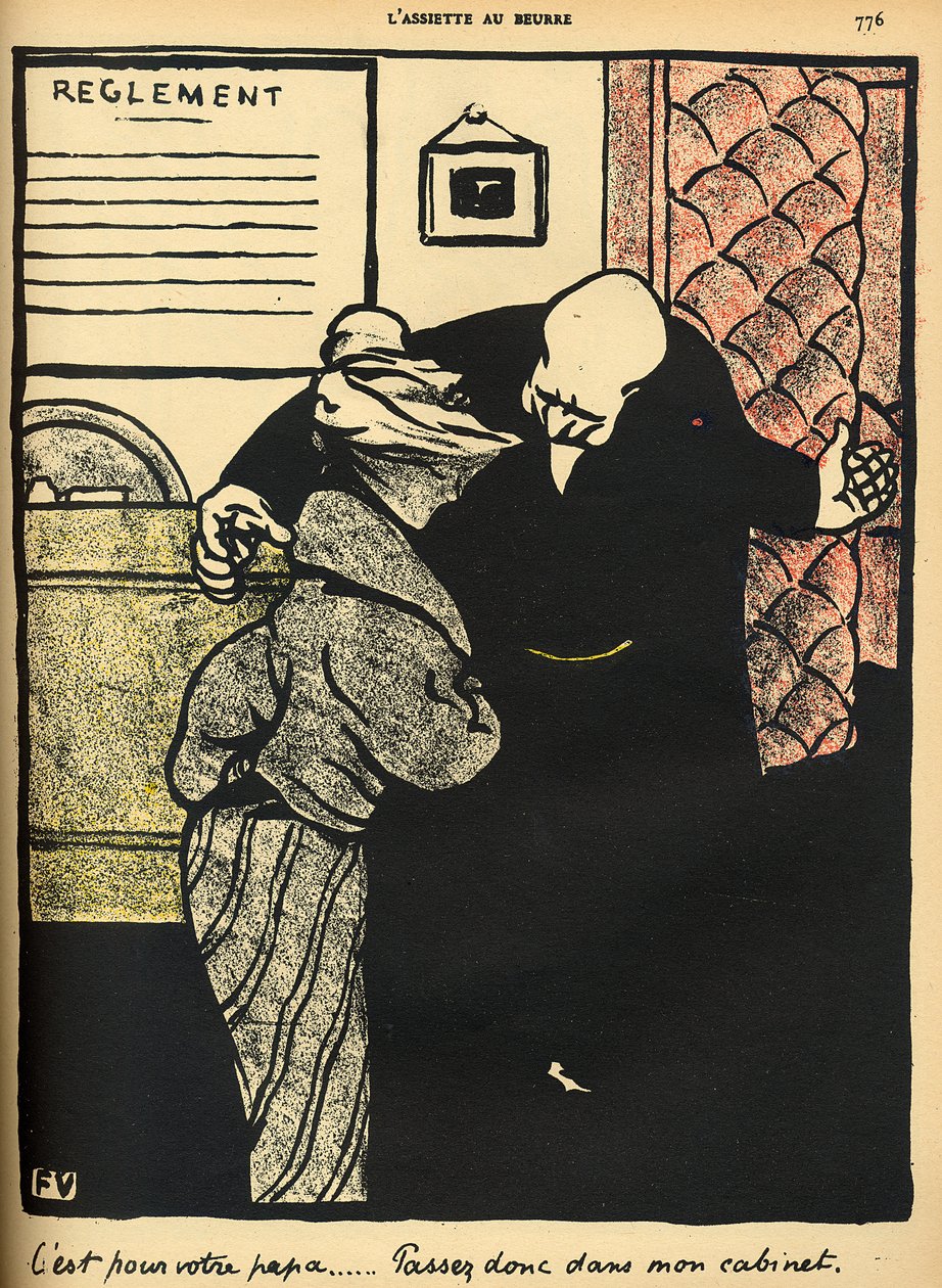 Um homem digno conduz uma jovem para seu escritório, de "Crimes e Punições", edição especial de "L&39;Assiette au Beurre", 1 de março de 1902 de Felix Edouard Vallotton