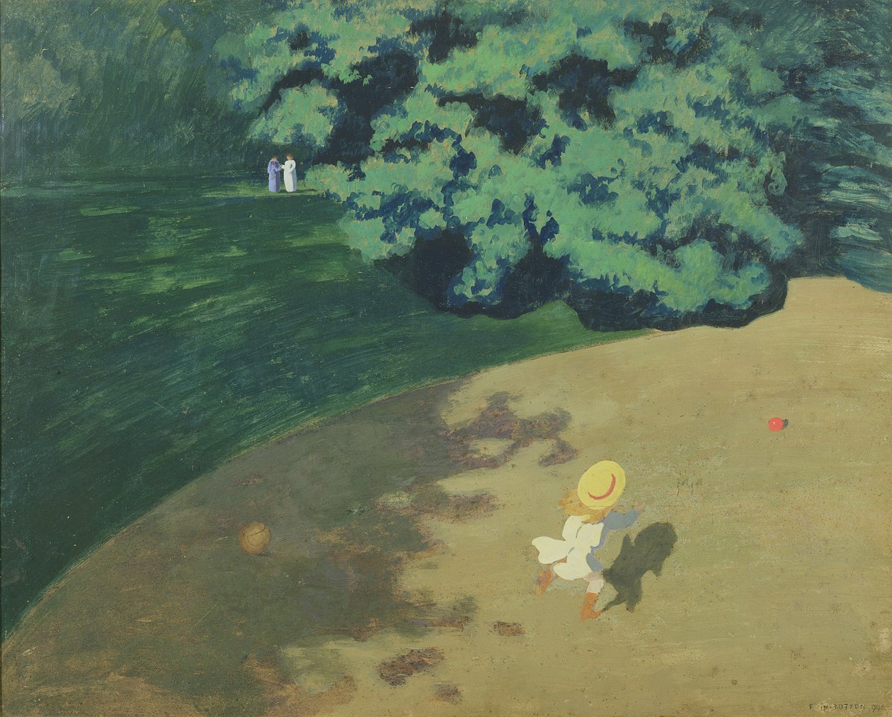 O balão ou canto de um parque com uma criança brincando com um balão, 1899 (óleo no cartão no painel) de Felix Edouard Vallotton