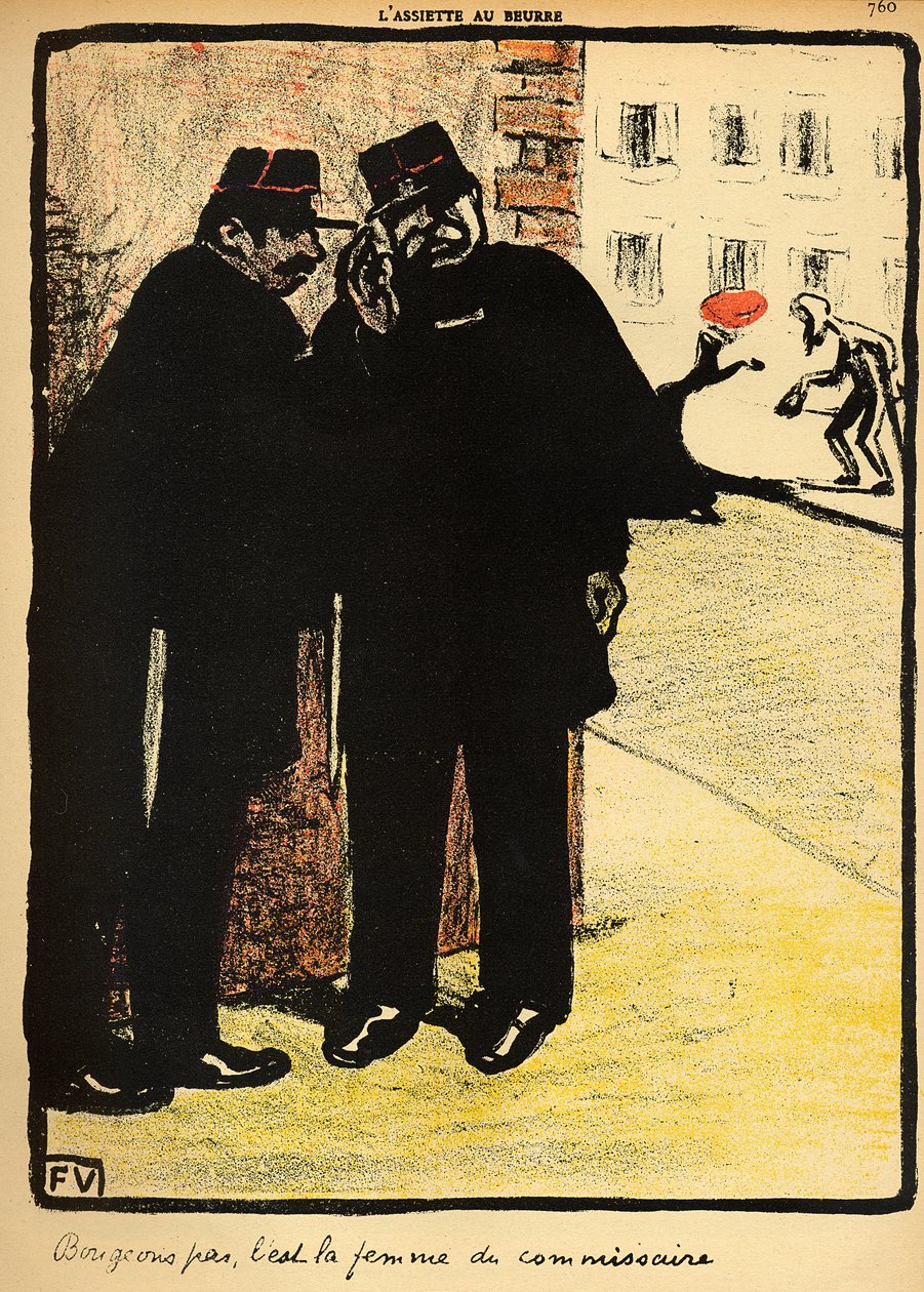 Dois policiais escondem-se da esposa do comissário, de "Crimes e Punições", edição especial de "L&39;Assiette au Beurre", 1 de março de 1902 de Felix Edouard Vallotton