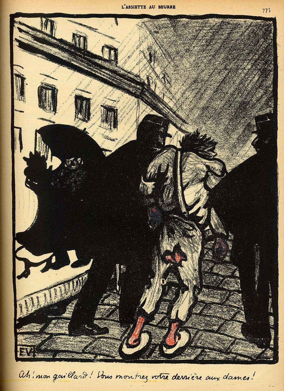 Dois policiais tiram um vagabundo vestido com farrapos, de "Crimes e Punições", edição especial de "L&39;Assiette au Beurre", 1 de março de 1902 de Felix Edouard Vallotton