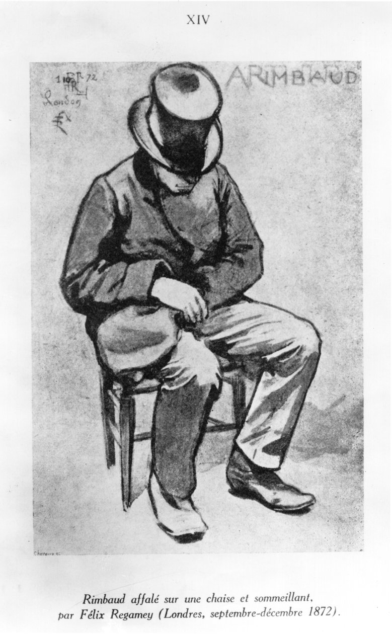 Arthur Rimbaud (1854-1891) caiu em uma cadeira e cochilou, em Londres, em 1872 (lavado e coberto de tinta no papel) de Felix Regamey
