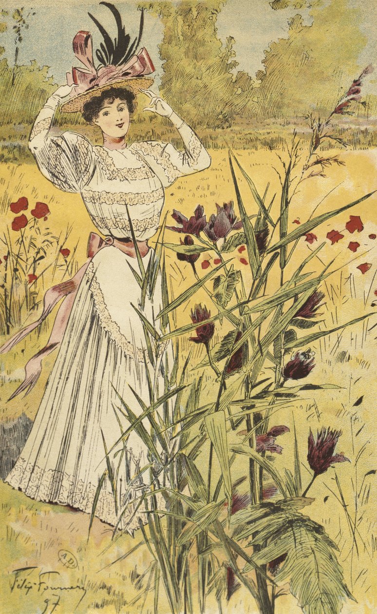 Placa de moda, na zona rural, ilustração de &39;La Nouvelle Mode&39;, de 1897 (gravura a cores) de Felix Fournery