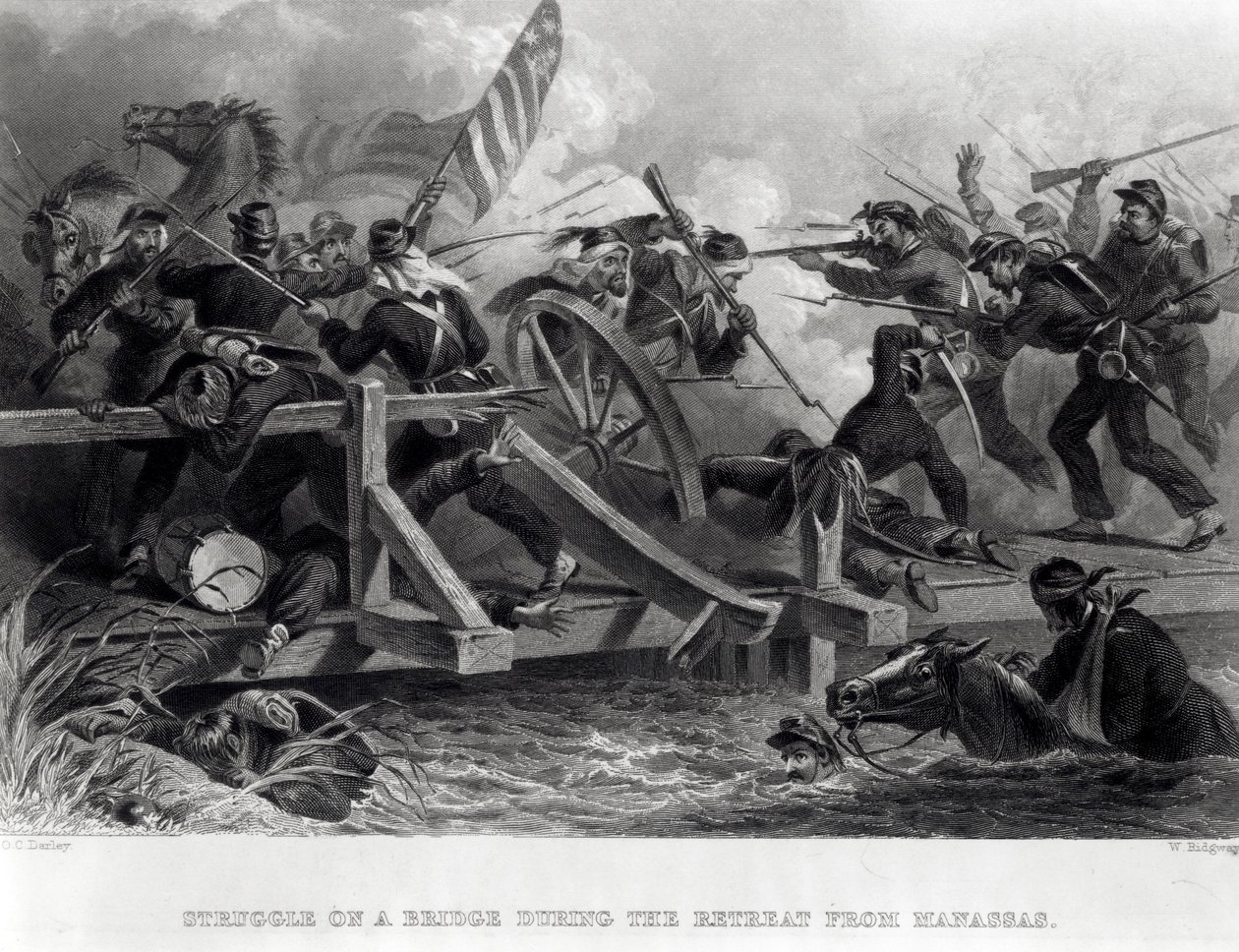 Luta em uma ponte durante o retiro de Manassas, em julho de 1861, gravado por W. Ridgway, 1862 de Felix Octavius Carr Darley