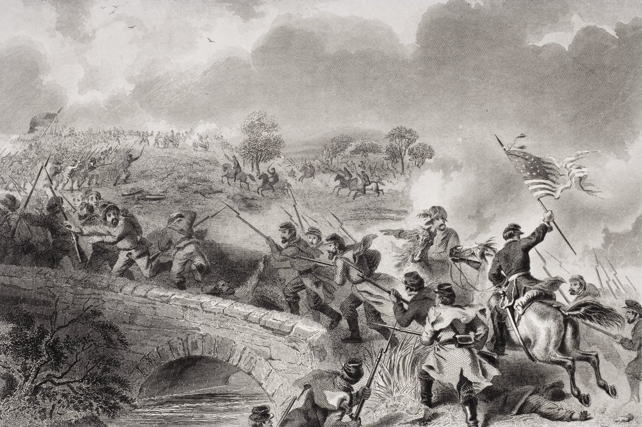 A tomada da ponte em Antietam Creek na Batalha de Antietam, Maryland, 1862 de Felix Octavius Carr Darley