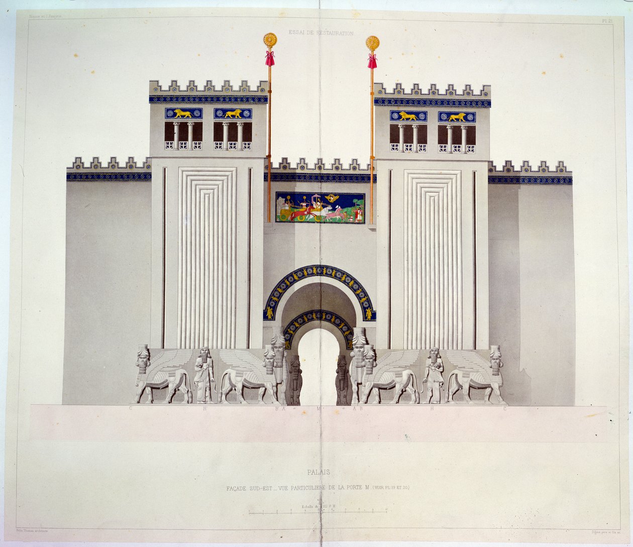 Reconstrução da entrada do palácio de Sargão II (721-705 aC) em Khorsabad, Iraque, 1867 (gravura a cores) de Felix Thomas