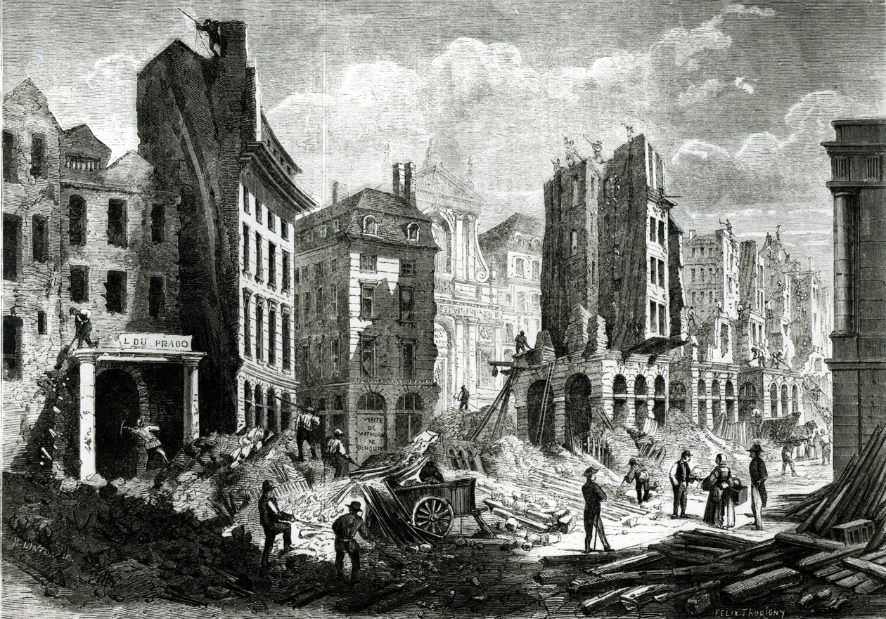 Construção do Boulevard de Sebastopol (agora o Boulevard du Palais), no Segundo Império. Ideia da demolição da rua de la Barillerie em 1859, bar. por Henry Duff Linton (1815-99) (gravado de Felix Thorigny
