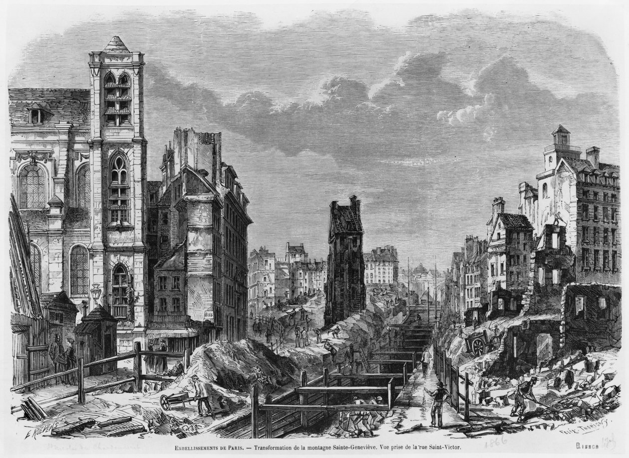 Melhorias em Paris, transformação de Montagne Sainte-Genevieve, vista da rue Saint-Victor, 1877 de Felix Thorigny